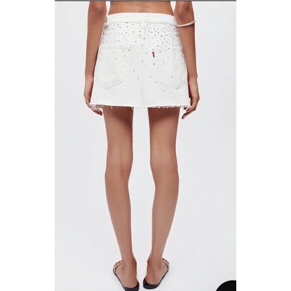 Re/done & PAM Levis White Denim Crystal Denim Wrap Mini Skirt NWT Sz 25 $495 - Picture 6 of 12